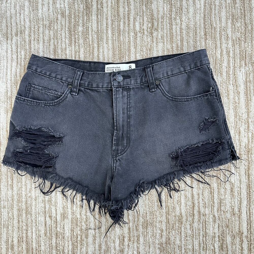 Abercrombie & Fitch Black Ripped Distressed Fringe High Rise Denim Shorts Sz‎ 8